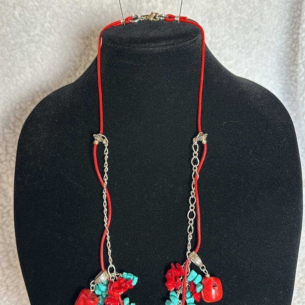 TURQUOISE CORAL Genuine Vinyl Cord & Silver Tone Chain Boho - Picture 11 of 13